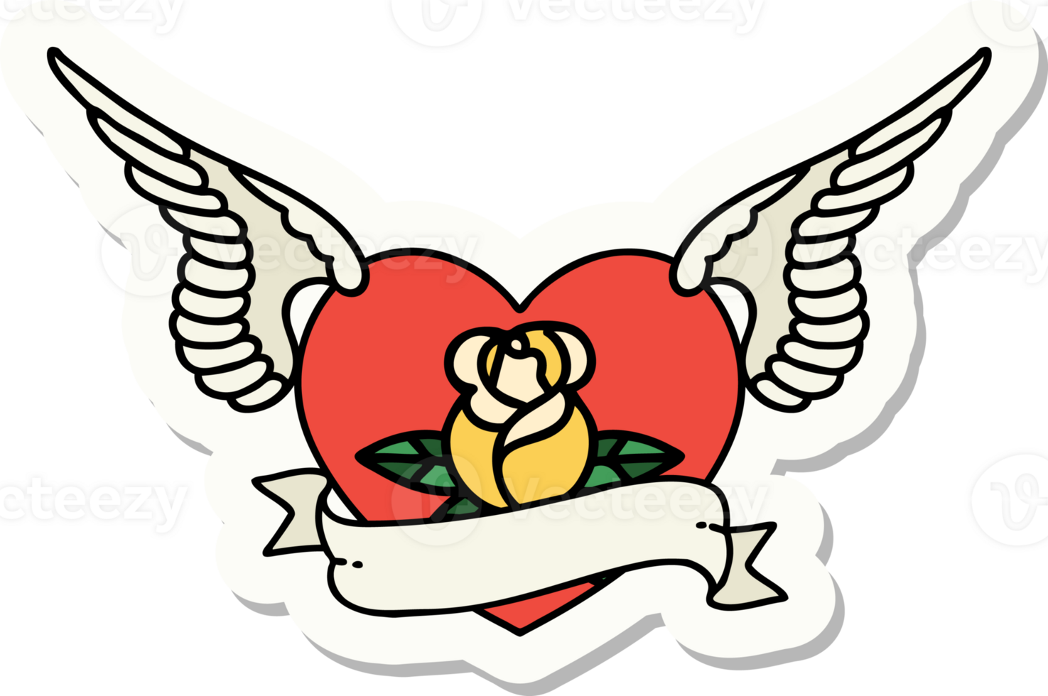 tattoo style sticker of a flying heart with flowers and banner png