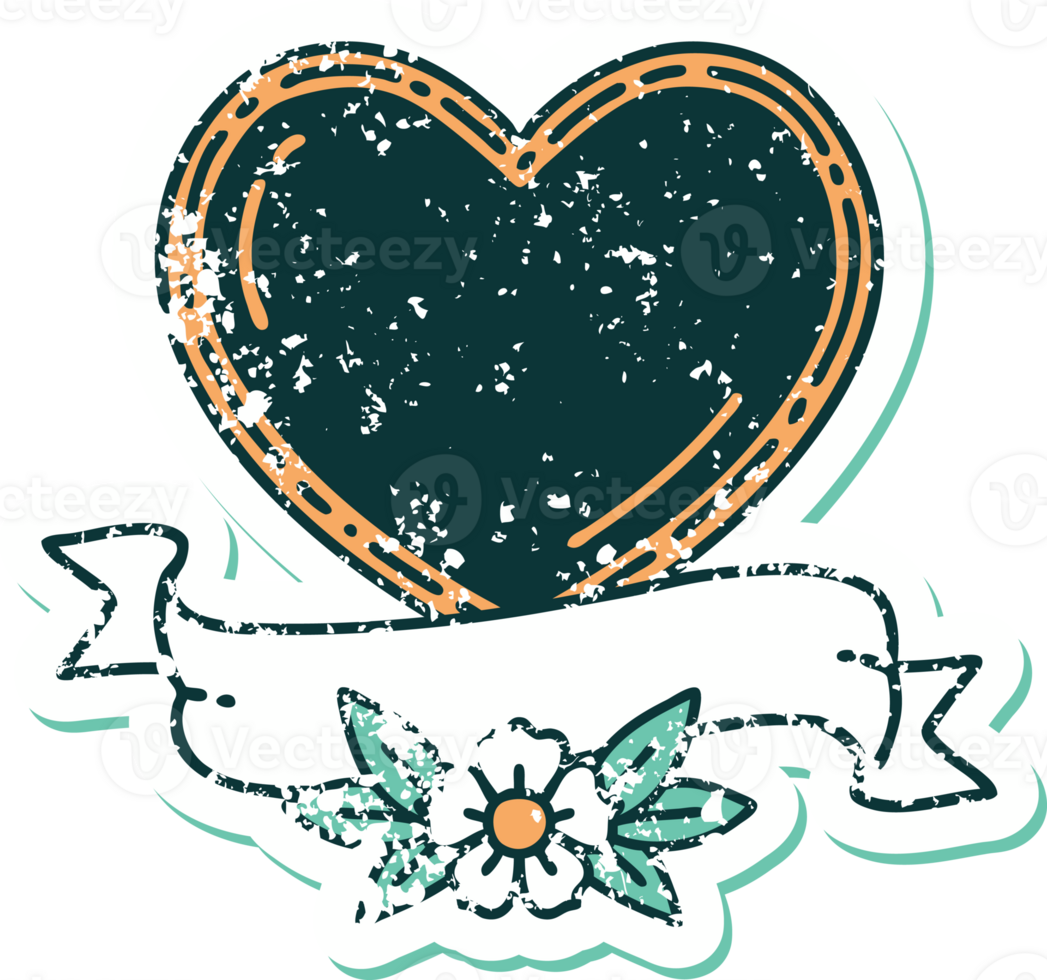 distressed sticker tattoo style icon of a heart and banner png