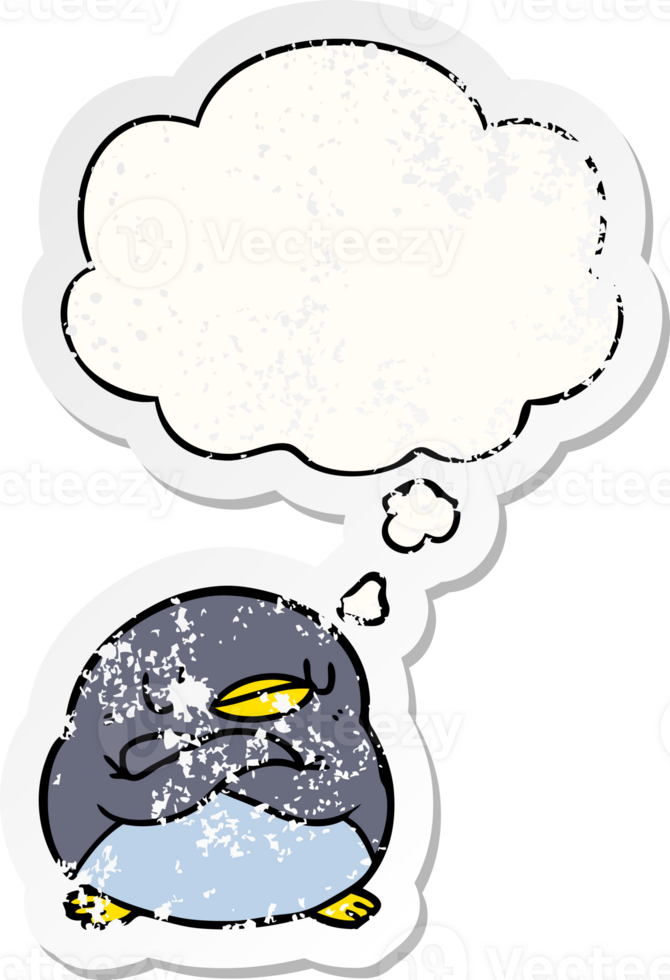 cartoon penguin and thought bubble as a distressed worn sticker png
