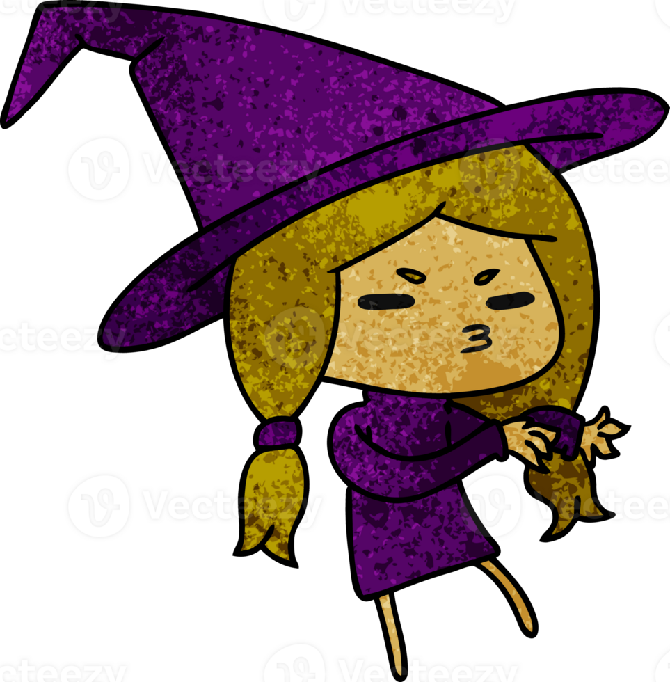 textured cartoon of a cute witch kawaii girl png