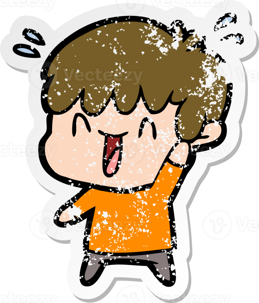 distressed sticker of a cartoon laughing boy png