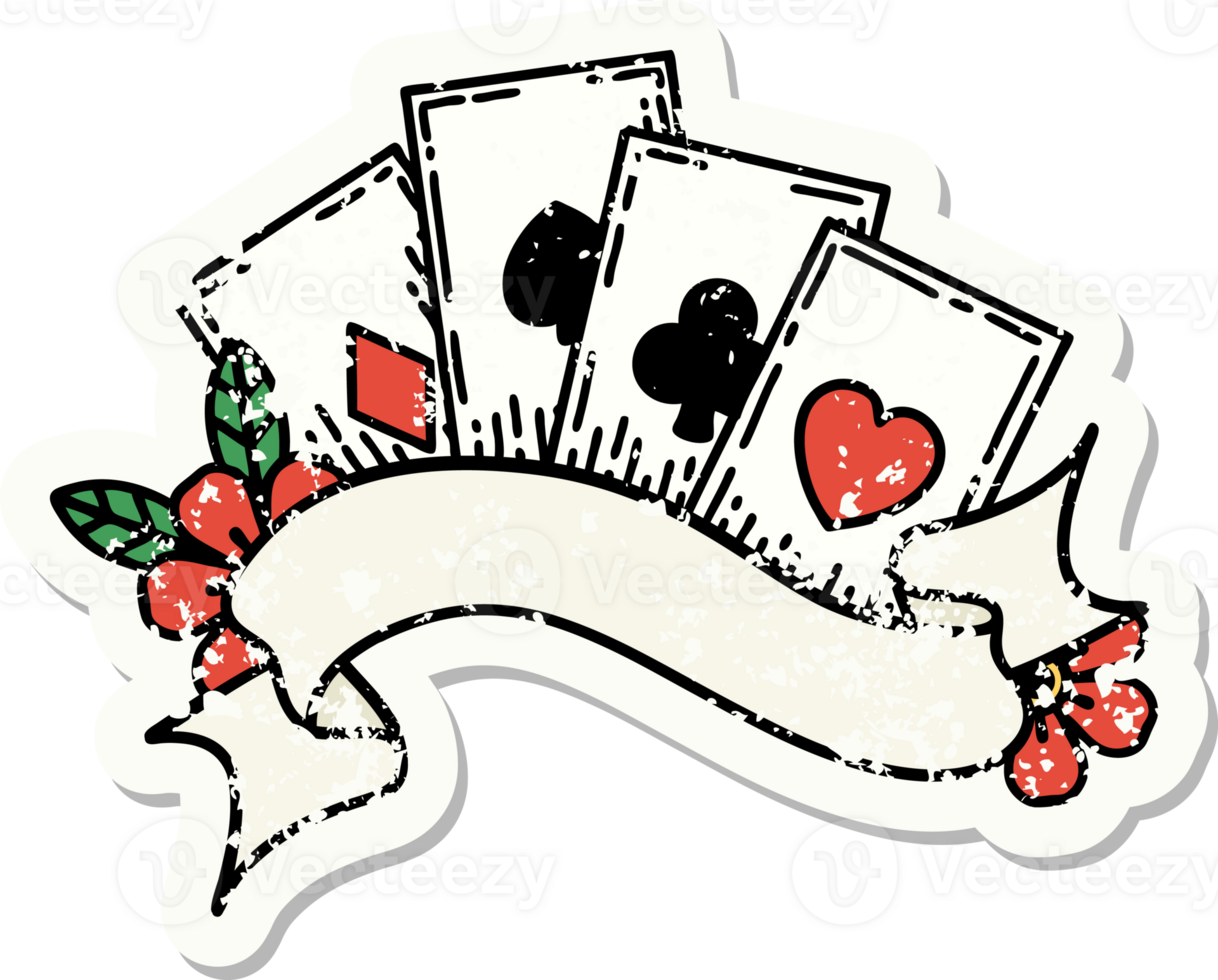 traditional distressed sticker tattoo of cards and banner png