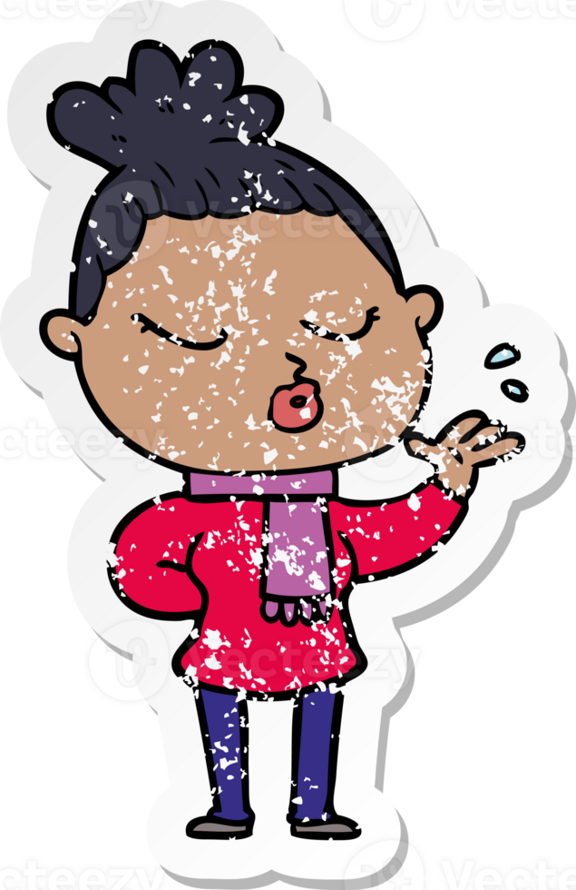 distressed sticker of a cartoon calm woman png