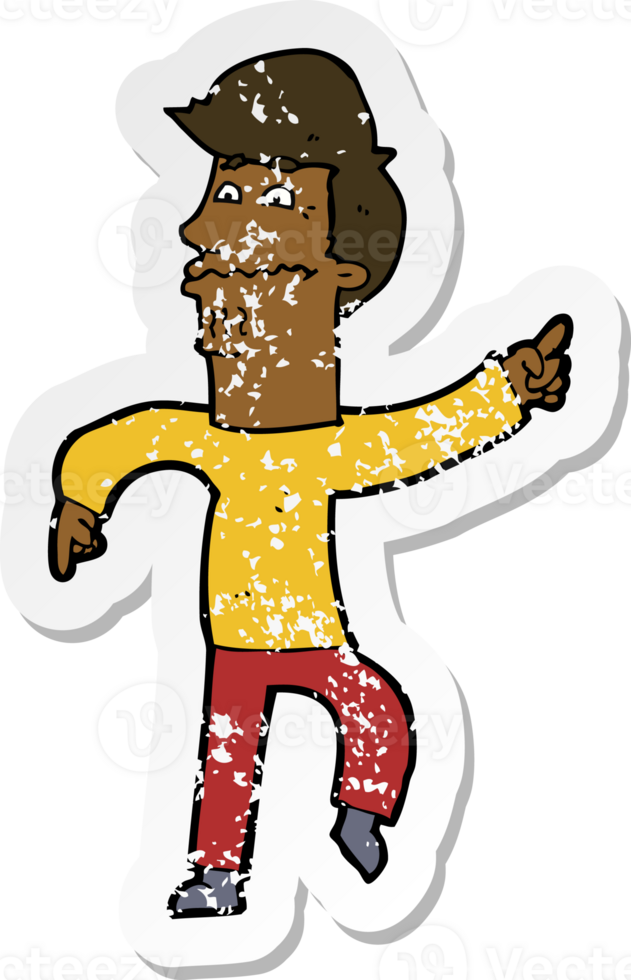 retro distressed sticker of a cartoon worried man pointing png