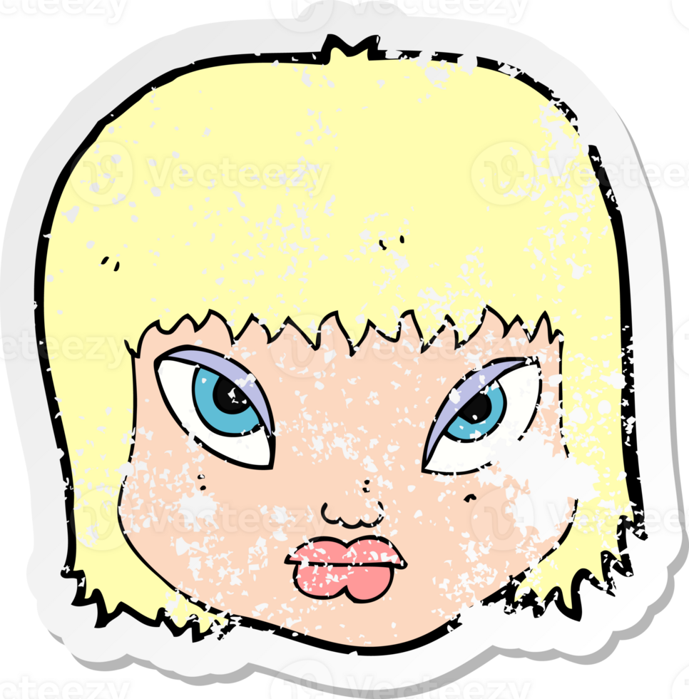 retro distressed sticker of a cartoon annoyed face png