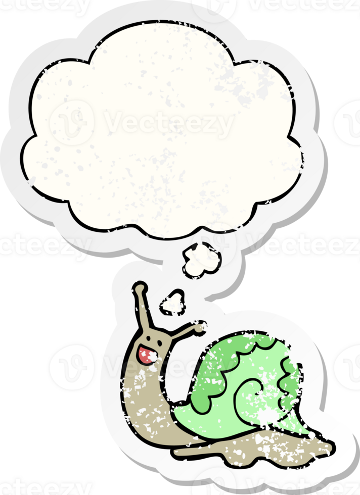 cute cartoon snail and thought bubble as a distressed worn sticker png