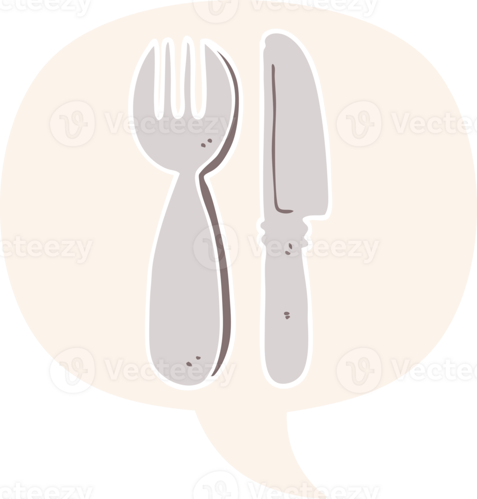 cartoon knife and fork and speech bubble in retro style png