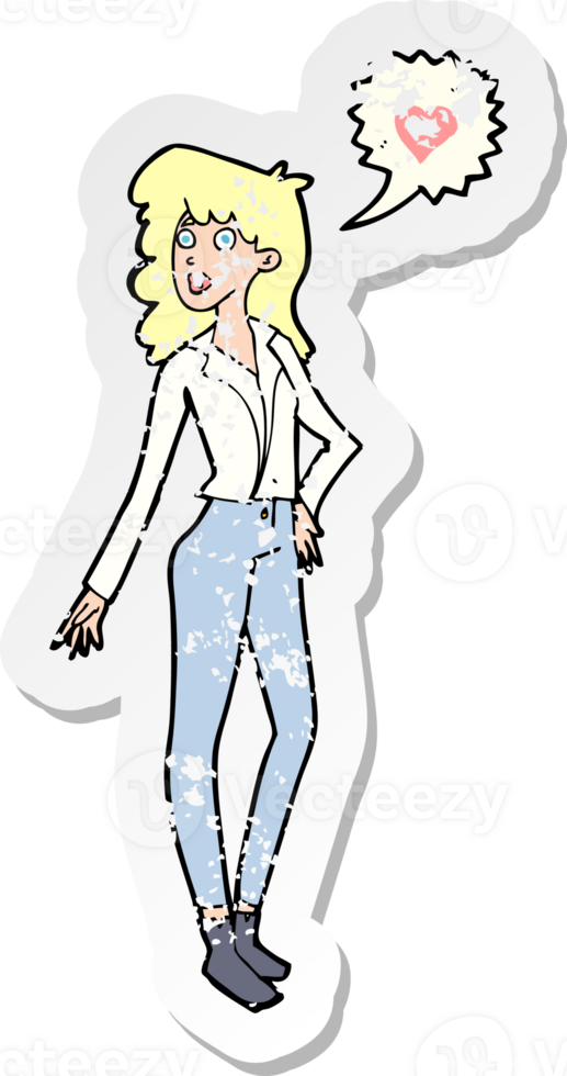 retro distressed sticker of a cartoon woman in love png