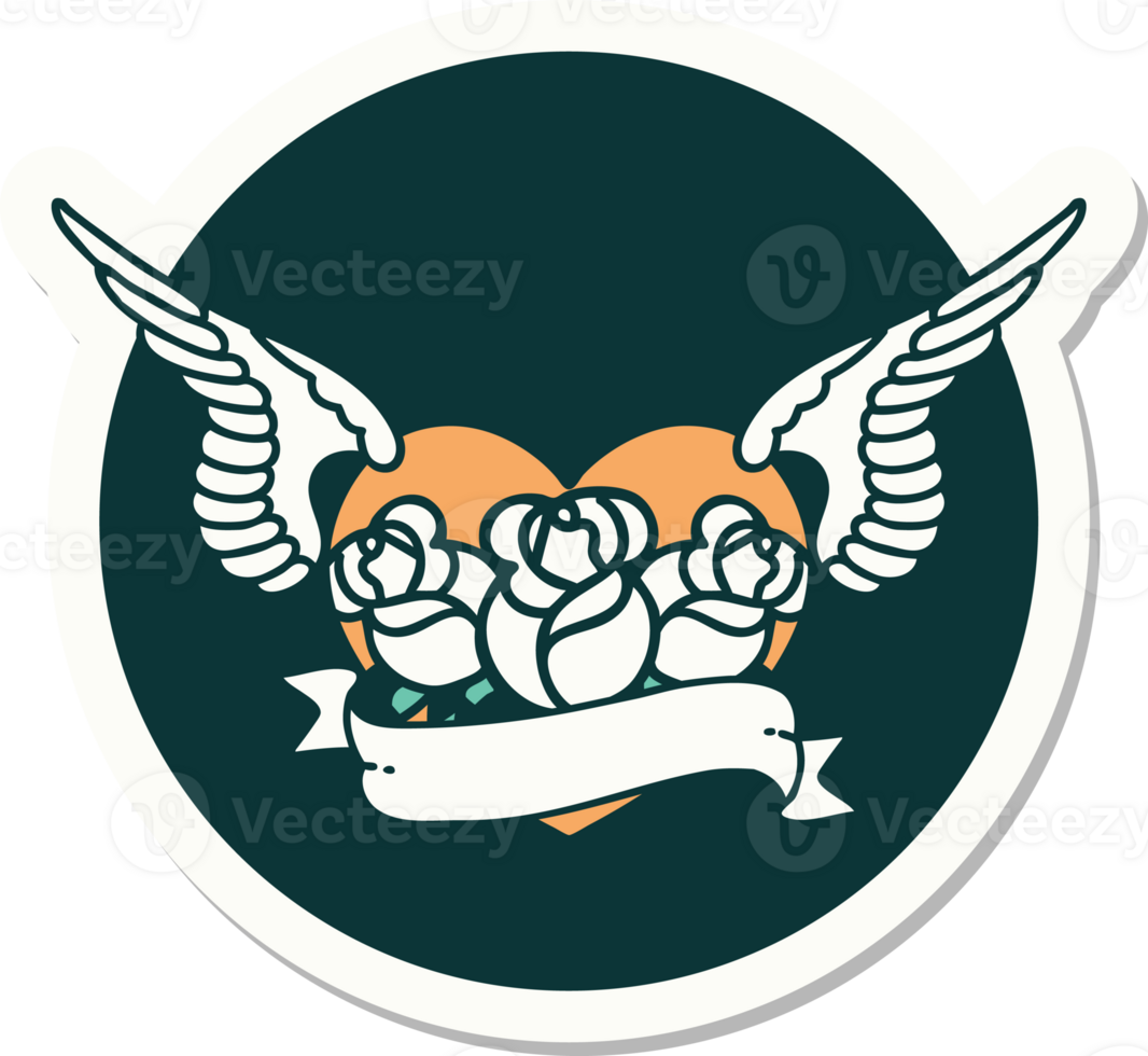 tattoo style sticker of a flying heart with flowers and banner png