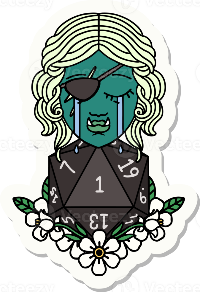 crying half orc rogue character with natural one D20 roll sticker png