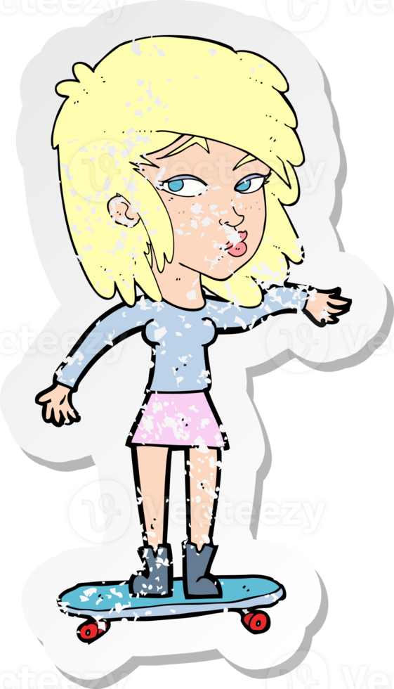 retro distressed sticker of a cartoon woman on skateboard png