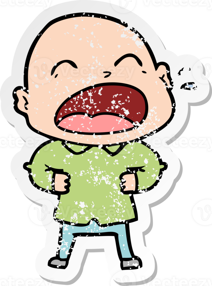 distressed sticker of a cartoon shouting bald man png