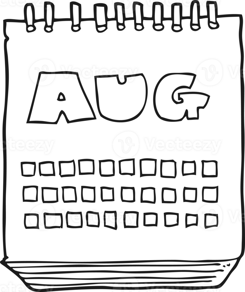 schwarz und Weiß Karikatur Kalender zeigen Monat von August png