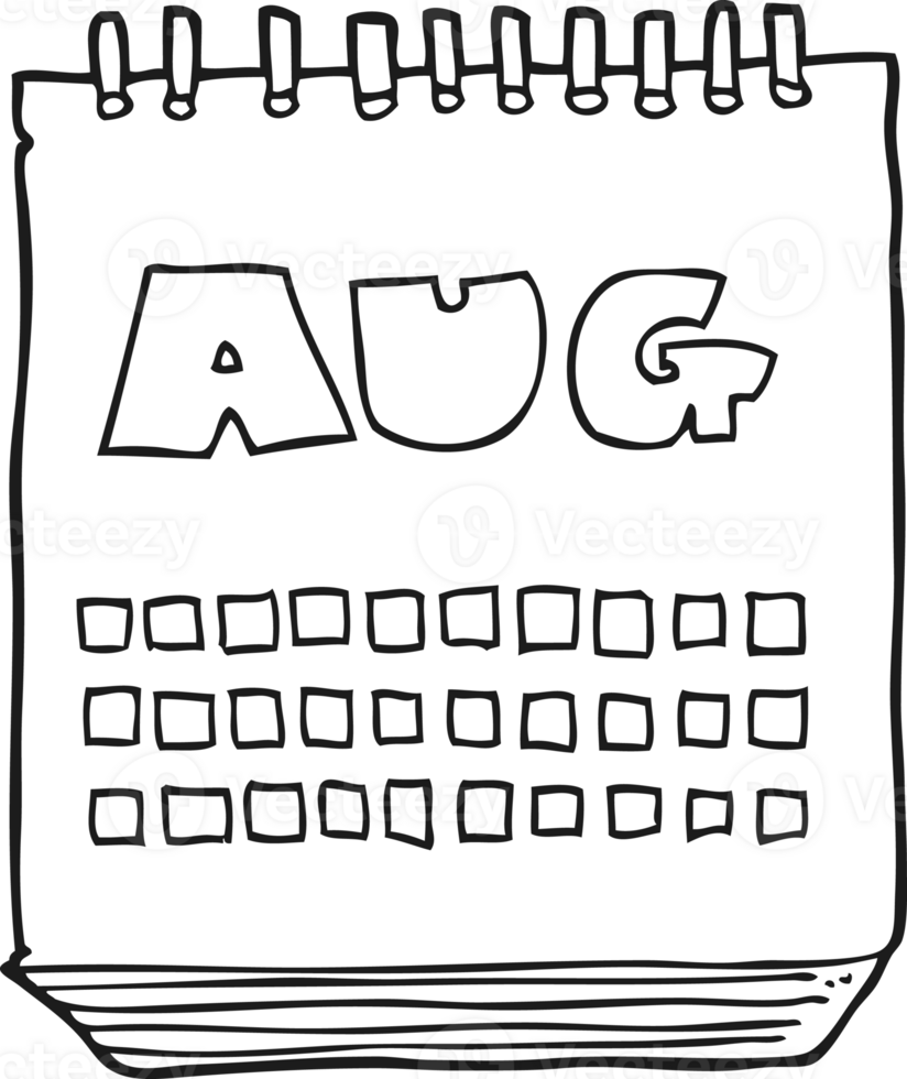 black and white cartoon calendar showing month of august png