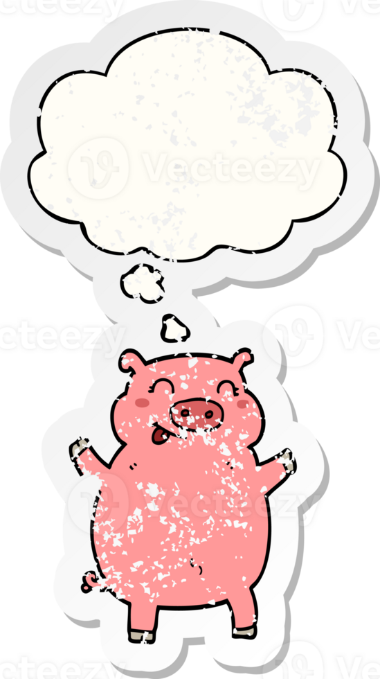 cartoon pig and thought bubble as a distressed worn sticker png