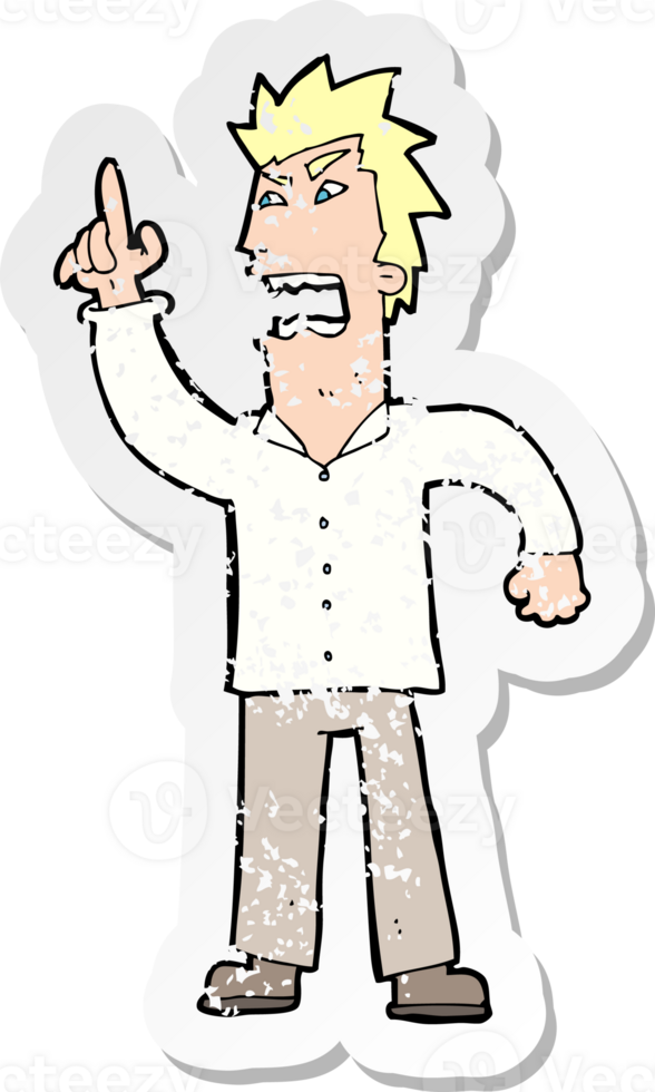 retro distressed sticker of a cartoon angry man making point png