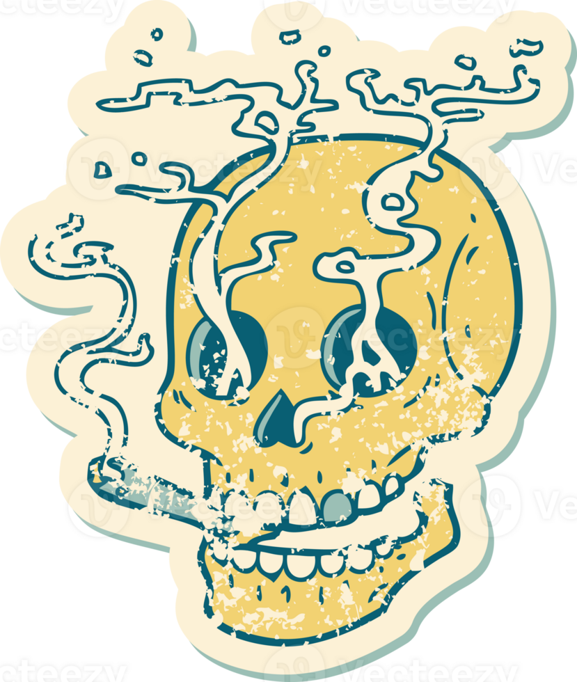 verontrust sticker tatoeëren stijl icoon van een schedel roken png