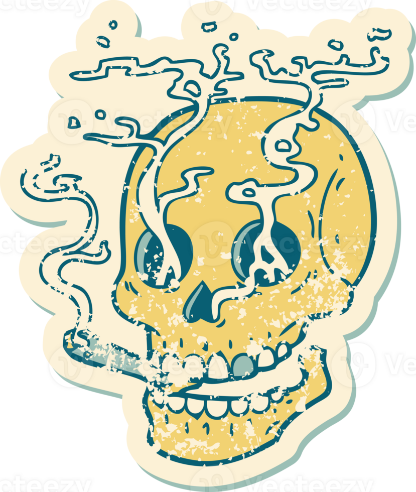distressed sticker tattoo style icon of a skull smoking png