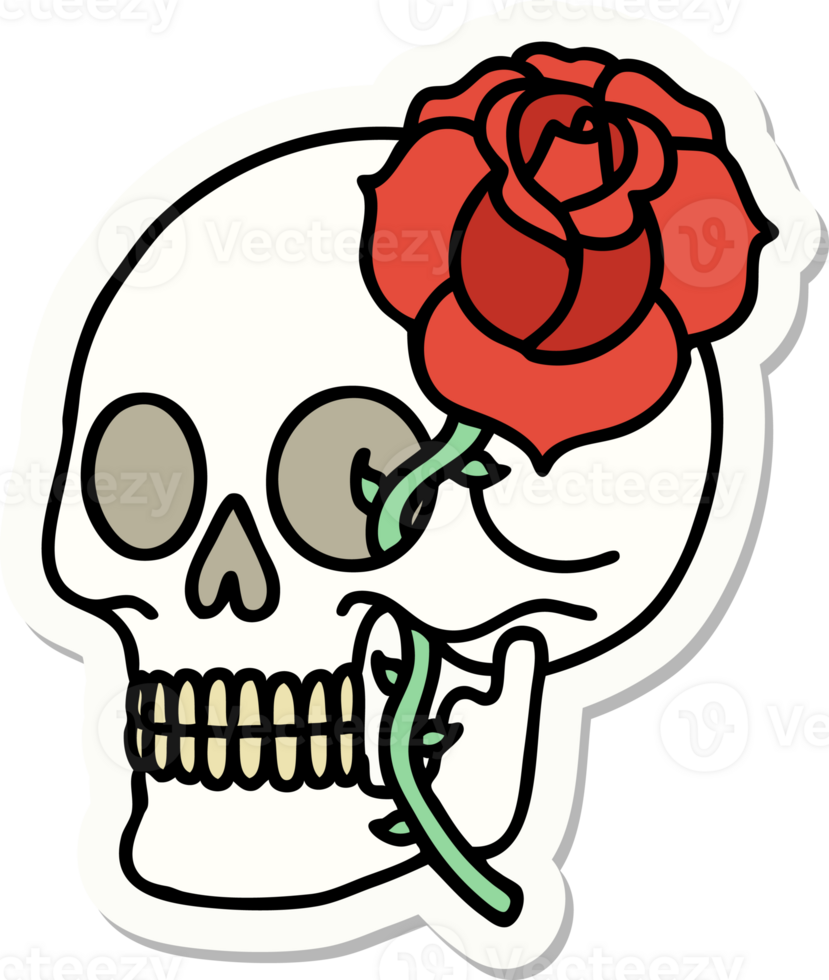 tattoo style sticker of a skull and rose png