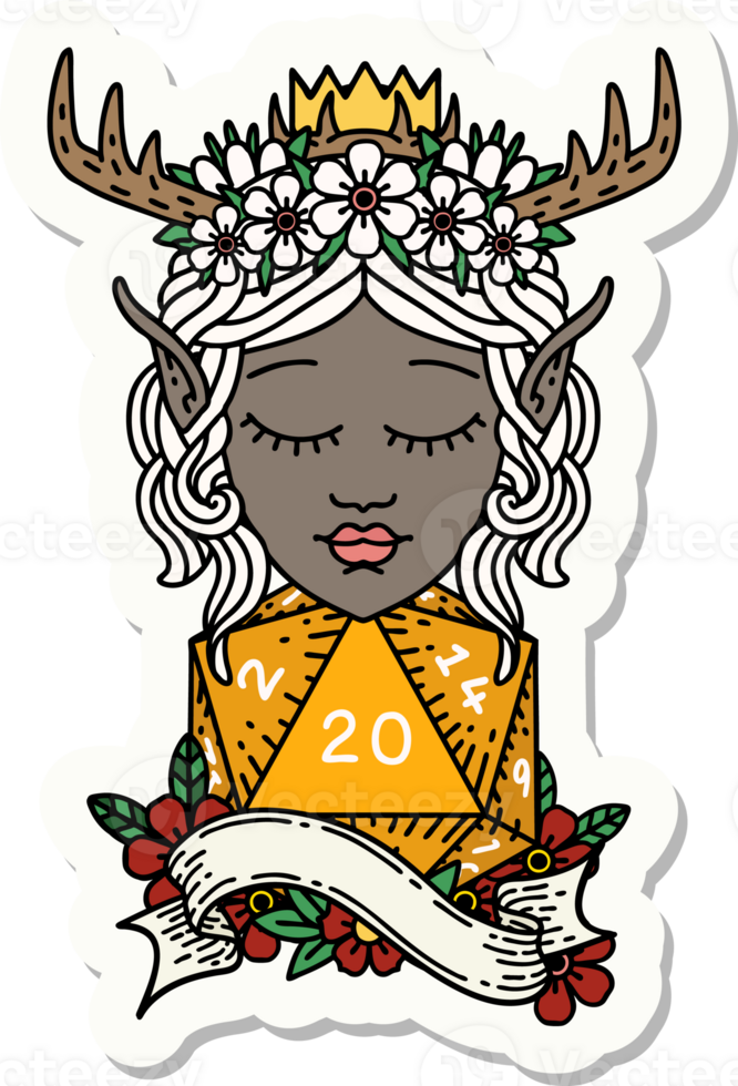elf druid character with natural twenty dice roll sticker png