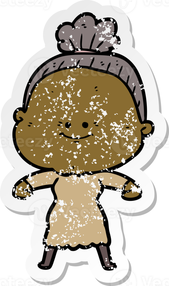 distressed sticker of a cartoon happy old woman png