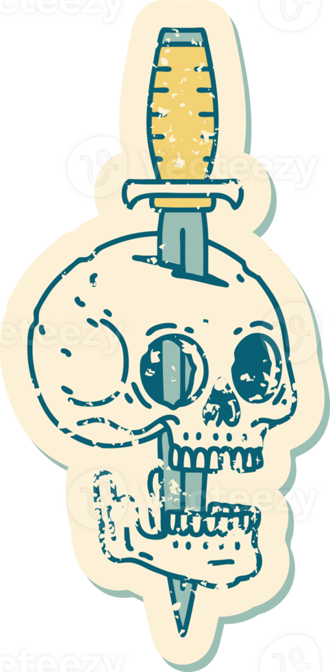 distressed sticker tattoo style icon of a skull and dagger png