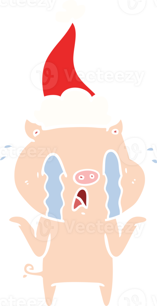 crying pig flat color illustration of a wearing santa hat png