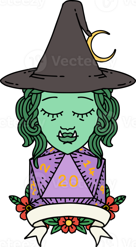 half orc witch character with natural 20 dice roll illustration png
