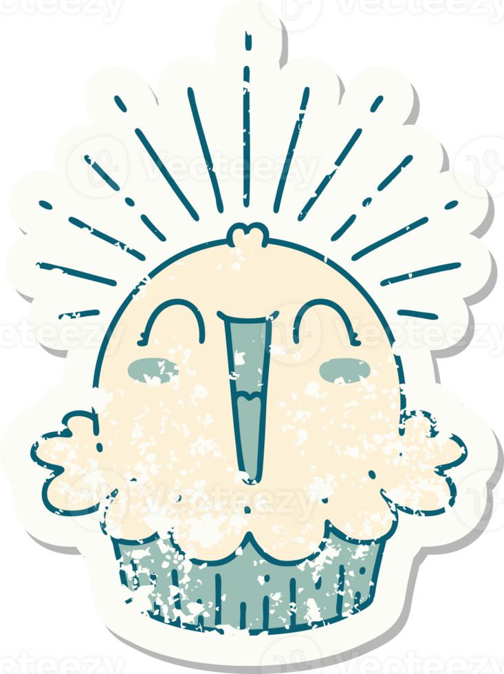 grunge sticker of tattoo style happy singing cupcake png