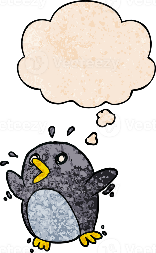 cartoon frightened penguin and thought bubble in grunge texture pattern style png