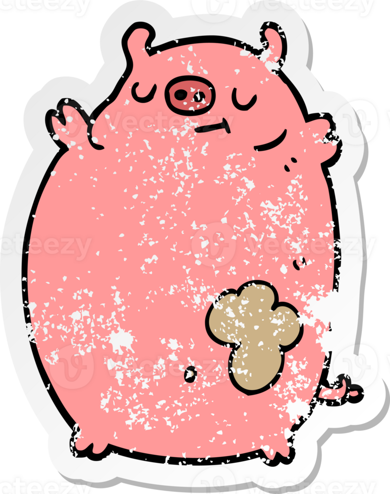 distressed sticker of a cartoon fat pig png