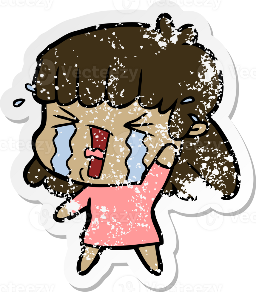 distressed sticker of a cartoon woman in tears png
