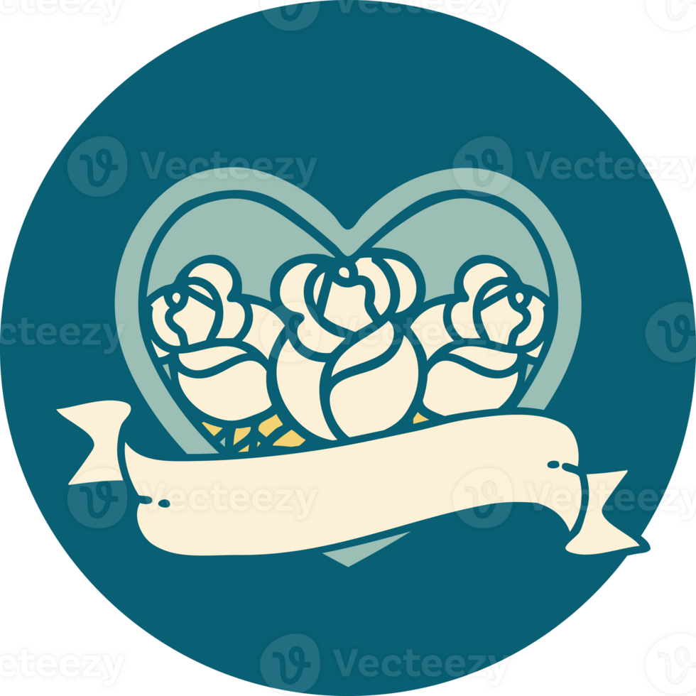tattoo style icon of a heart and banner with flowers png