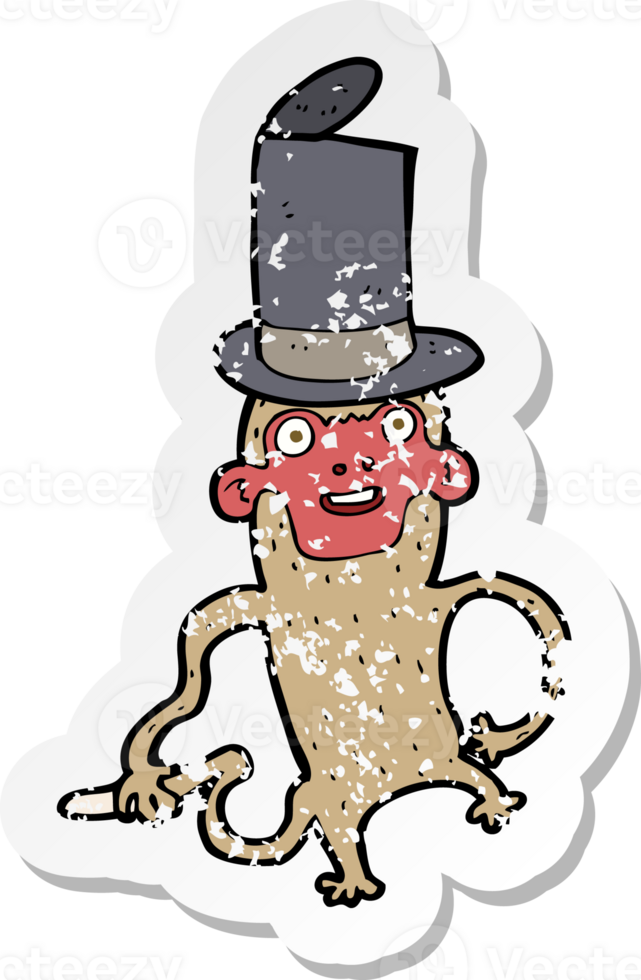 retro distressed sticker of a cartoon monkey wearing top hat png