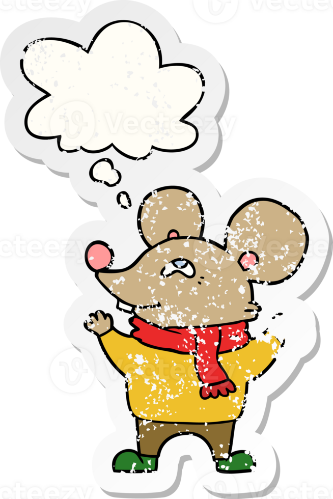 cartoon mouse wearing scarf and thought bubble as a distressed worn sticker png