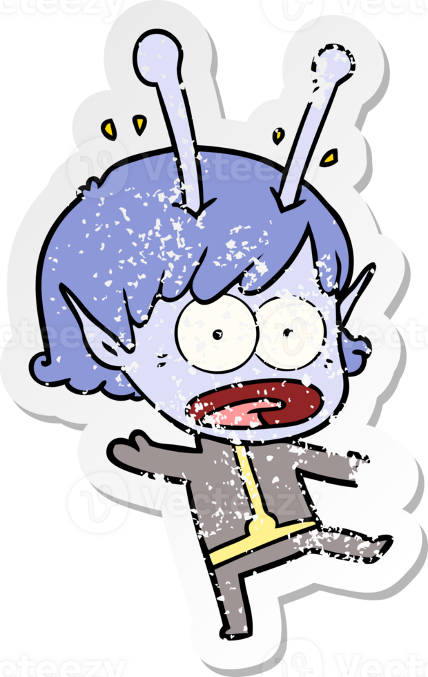 distressed sticker of a cartoon shocked alien girl png