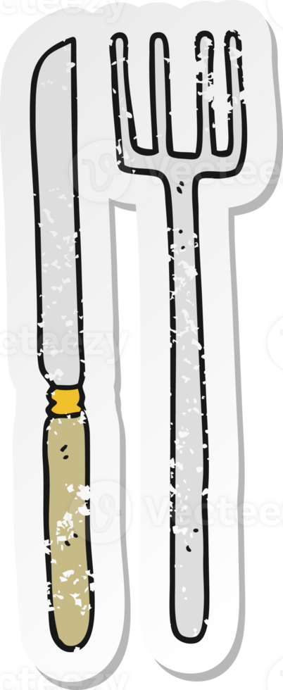 retro distressed sticker of a cartoon knife and fork png