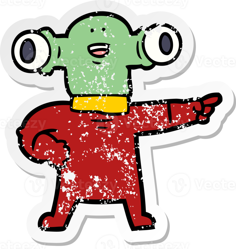 distressed sticker of a friendly cartoon alien pointing png