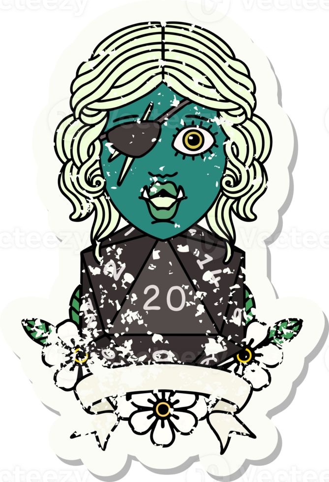 half orc rogue character with natural twenty dice roll illustration png