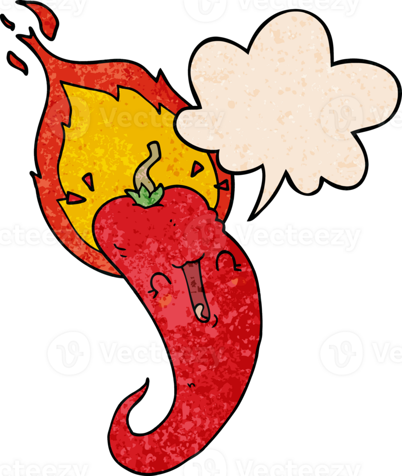 cartoon flaming hot chili pepper and speech bubble in retro texture style png