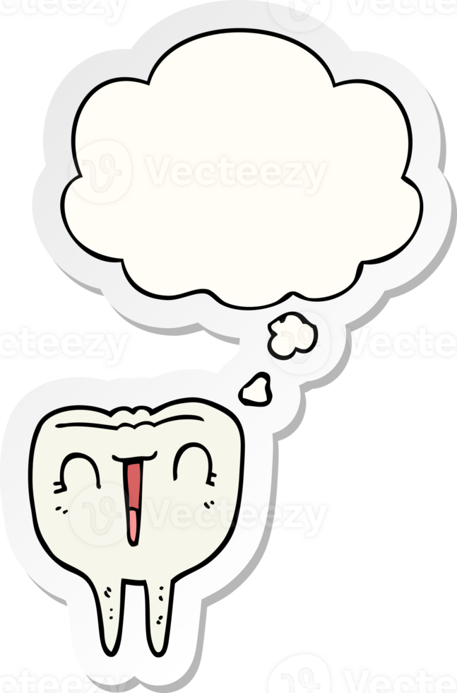 cartoon happy tooth and thought bubble as a printed sticker png