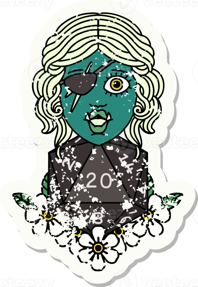 half orc rogue with natural twenty dice roll illustration png