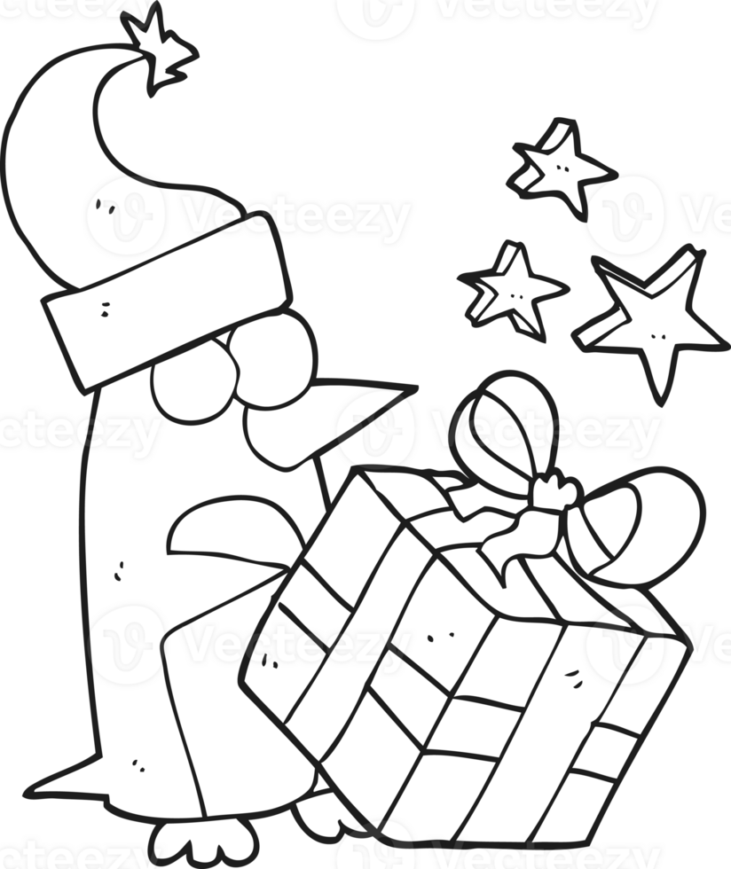 black and white cartoon christmas penguin with present png