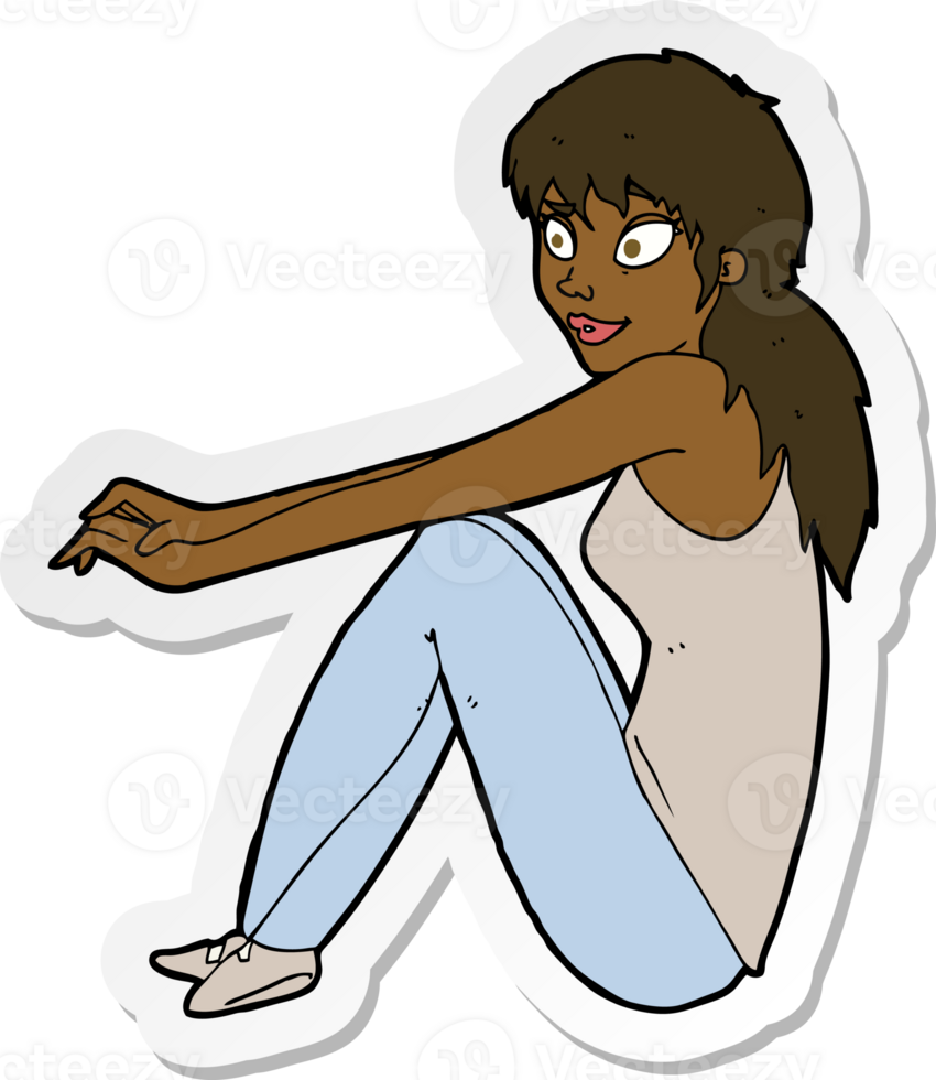 sticker of a cartoon happy woman sitting png