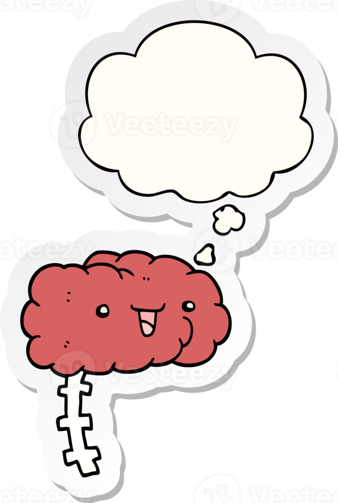 happy cartoon brain and thought bubble as a printed sticker png