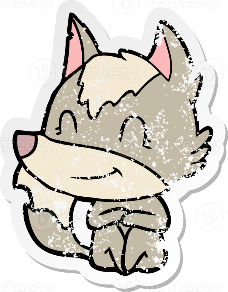 distressed sticker of a friendly cartoon wolf png