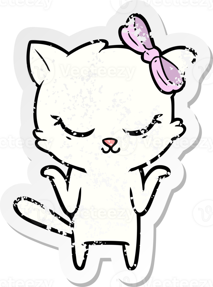 distressed sticker of a cute cartoon cat with bow png
