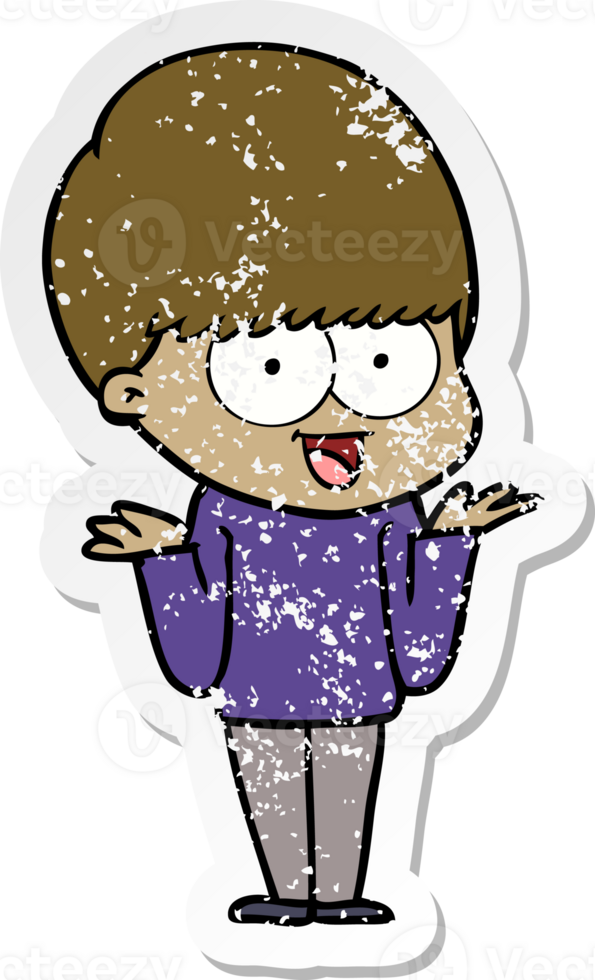 distressed sticker of a happy cartoon boy png