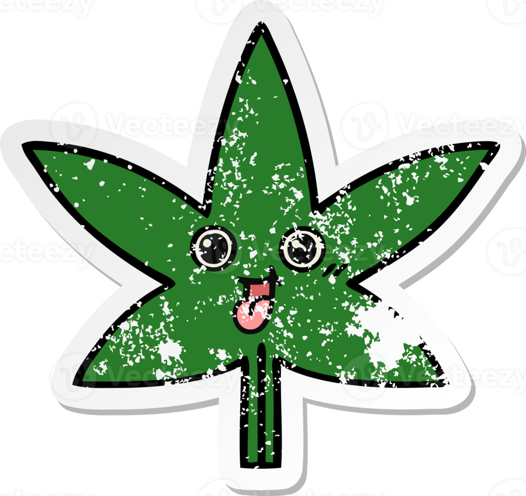 distressed sticker of a cute cartoon marijuana leaf png