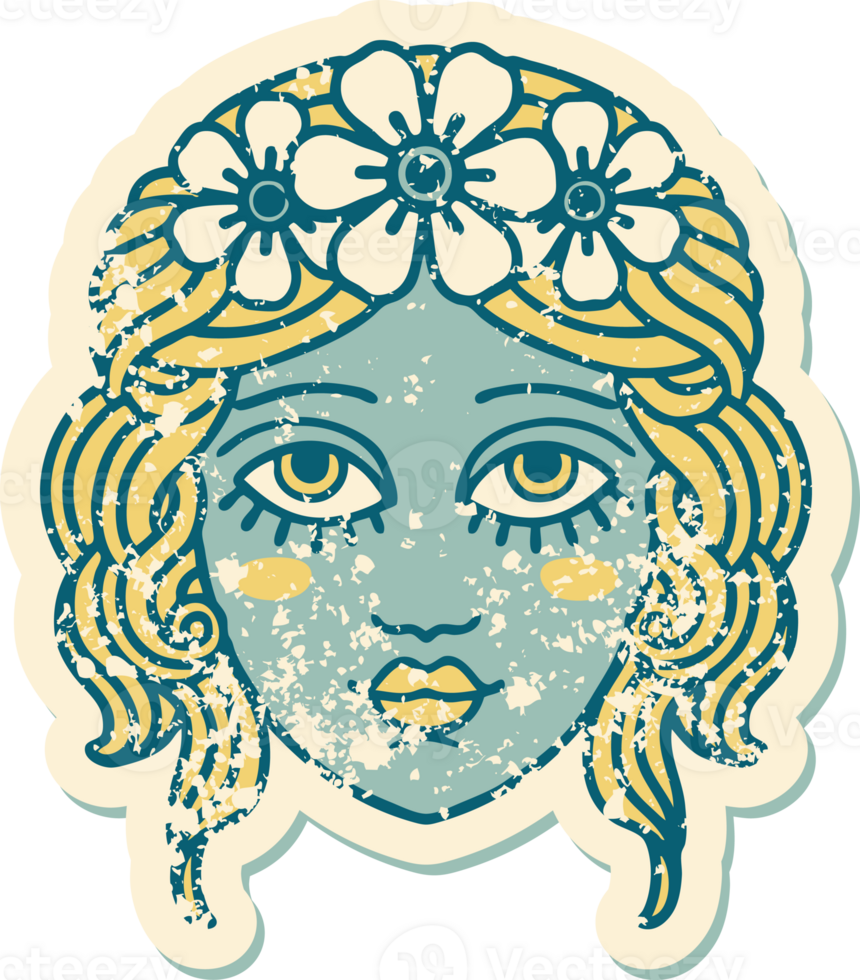 distressed sticker tattoo style icon of female face with crown of flowers png